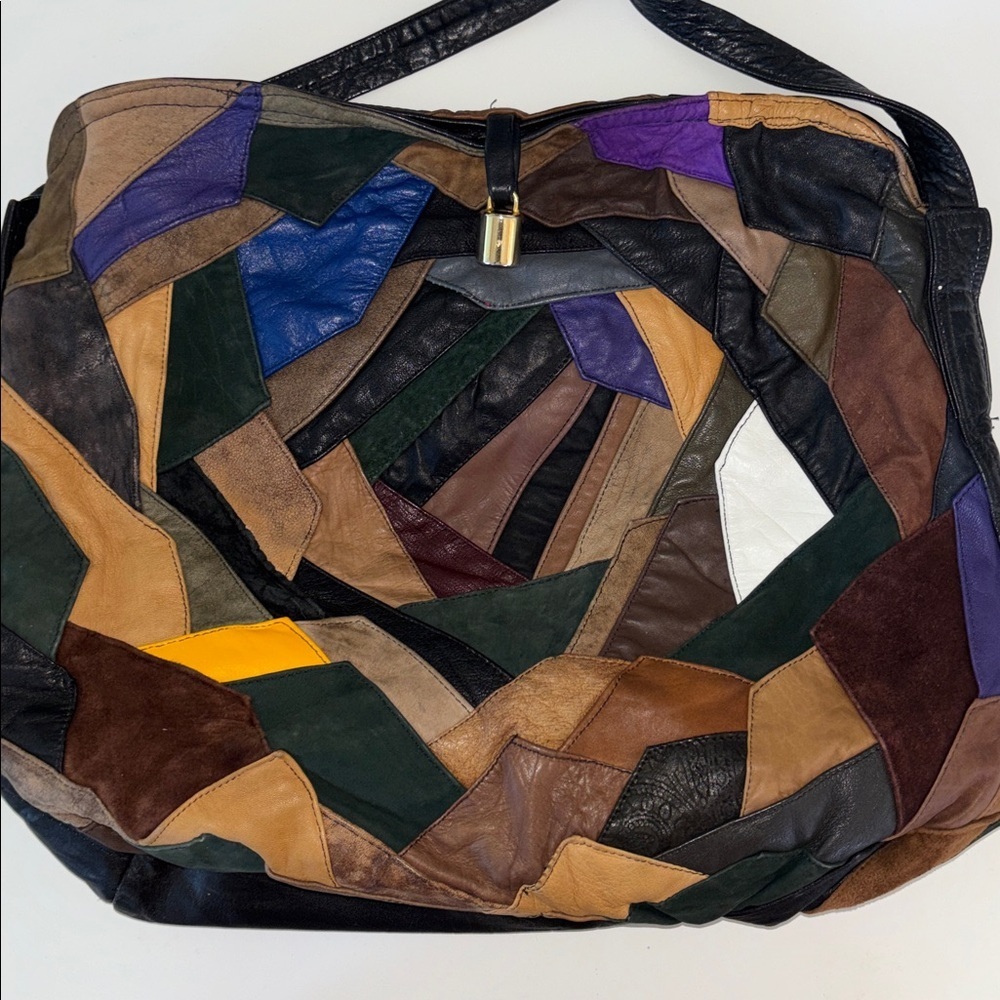 LEATHER SHOULDER/HOBO/TOTE BAG MULTICOLORED SWATCHES OF LEATHER VINTAGE NO TAGS - Picture 5 of 13